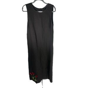 Lino Russo  100% Linen Black Maxi Dress Floral Embroidered Size XL